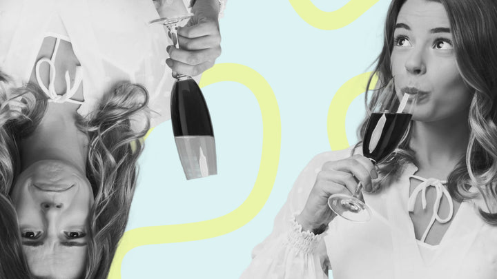 Woman deciding whether to drink red wine, shown unsure on one side and happily sipping on the other, representing the best wines for people who don’t like wine yet.
