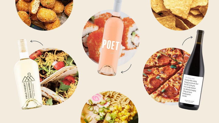 Wine bottles paired with everyday foods like tacos, sushi, pizza, ramen, nachos, and chicken nuggets, showcasing the best wines for real-life food pairings.