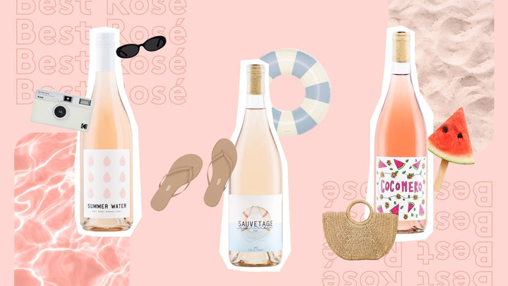 Three bottles of Winc rosé wines—Summer Water, Sauvetage, and Cocomero—styled with summer-themed accessories.