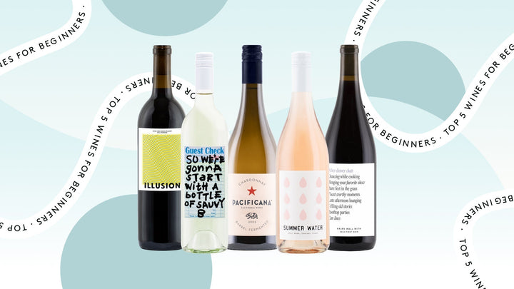 Five Winc wines for beginners: red, white, and rosé bottles.