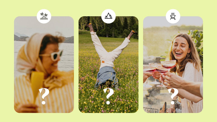 Three summer activity scenes representing beach lounging, outdoor adventures, and backyard BBQs, paired with wine glass icons.